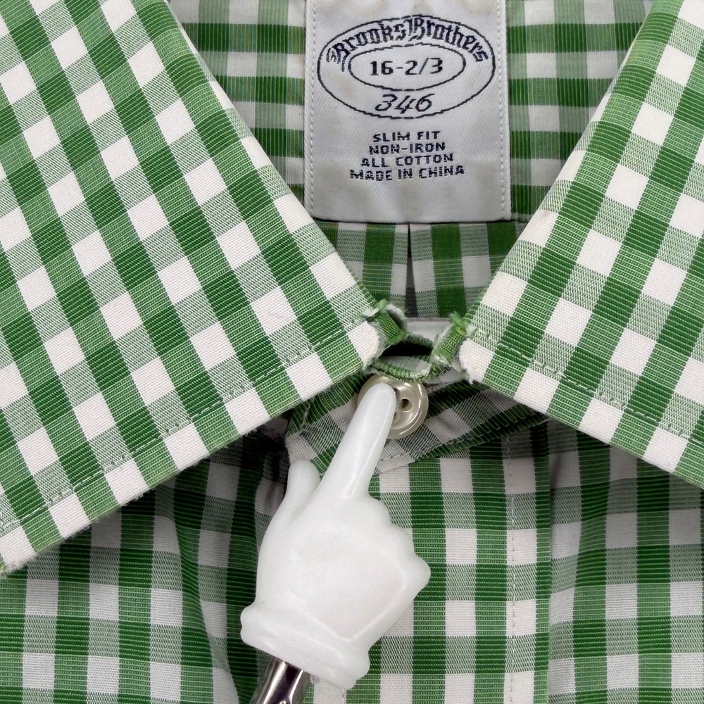 Brooks Brothers 346 Mens 16-2/3 Slim Fit Non-Iron Gingham Shirt Green White Prep - Picture 5 of 13